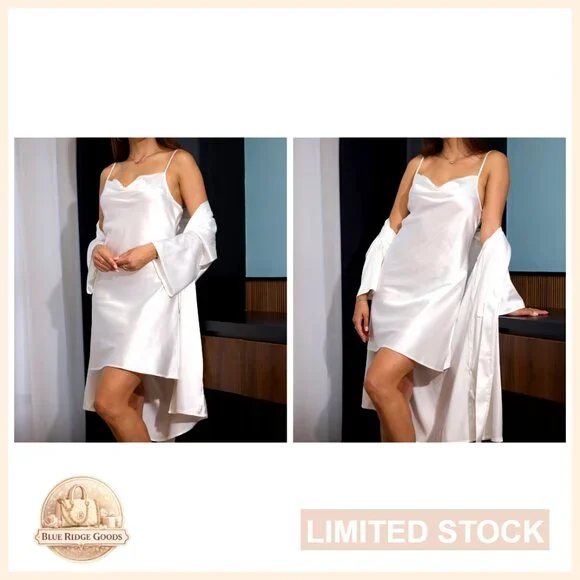 Satin Pajama Set Elegant Minimal Chic Sleepwear Robe Nightgown Lounge Wear